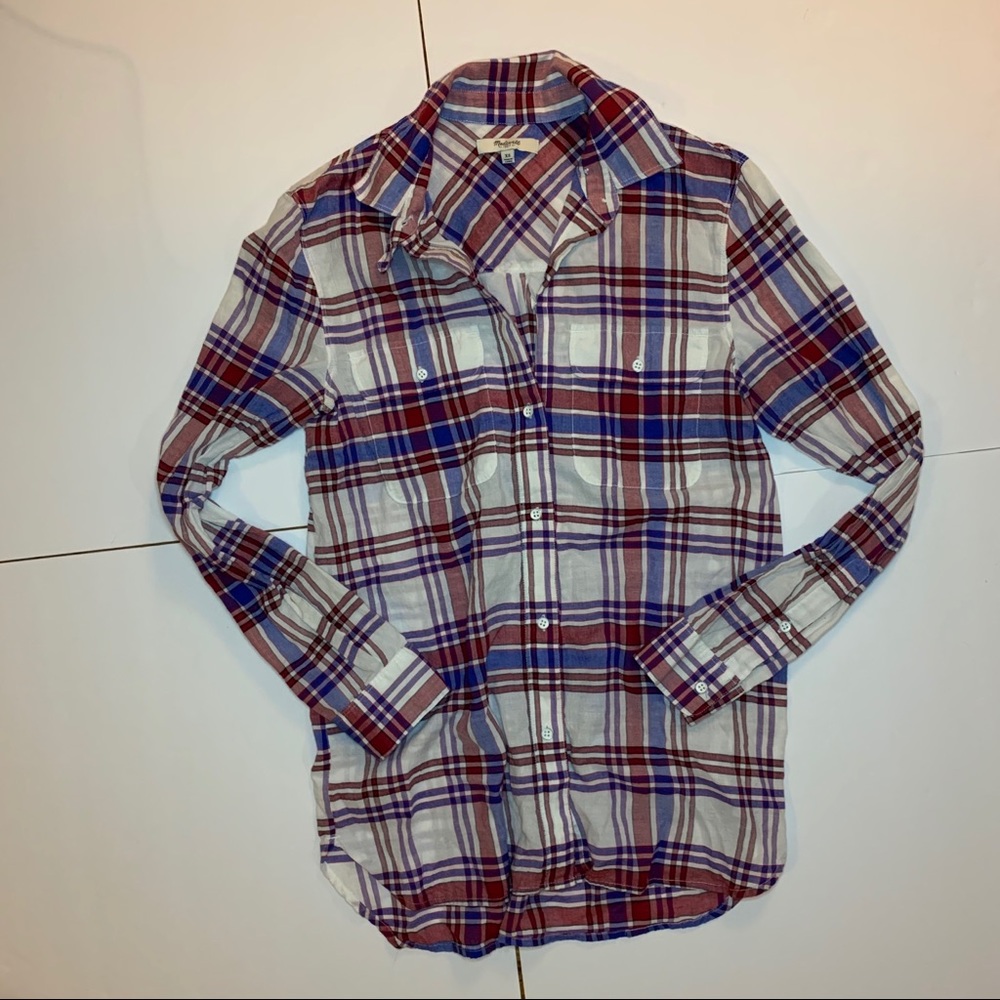 Madewell Blue Red Ivory Plaid Button Down Shirt